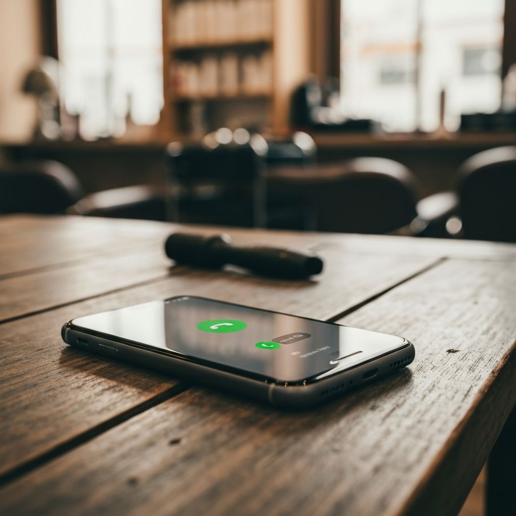 A phone showing a missed call notification on a salon counter